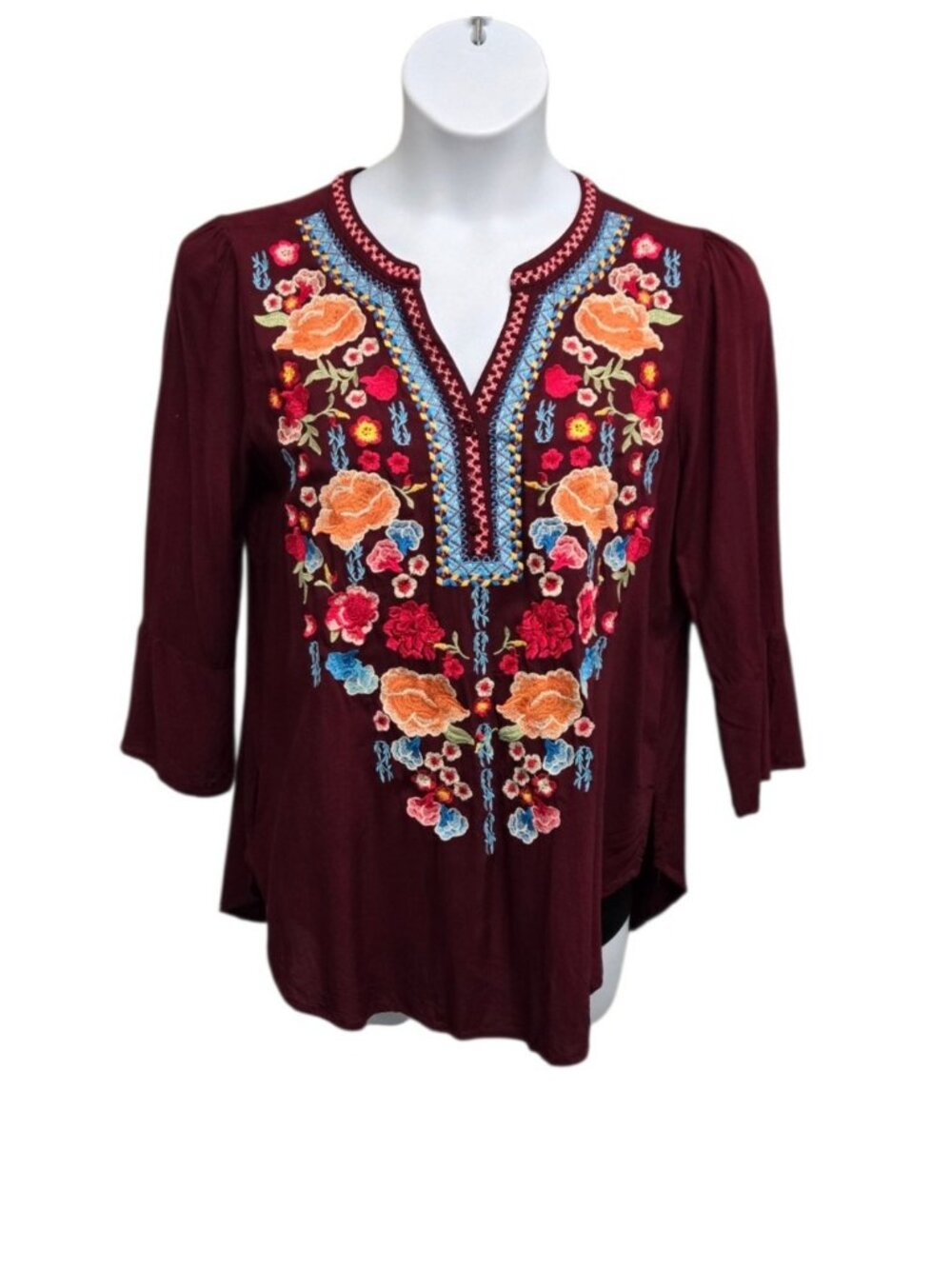 Andree by Unit Womens Medium Flare Sleeve Tunic Top Embroidered Casual Boho